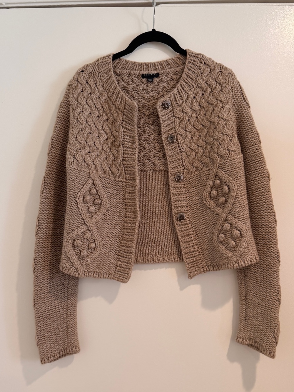 Beige Tan Brown Cardigan Knit Sweater by Sisley Wool Blend Cable Chunky Knit S - Picture 2 of 7